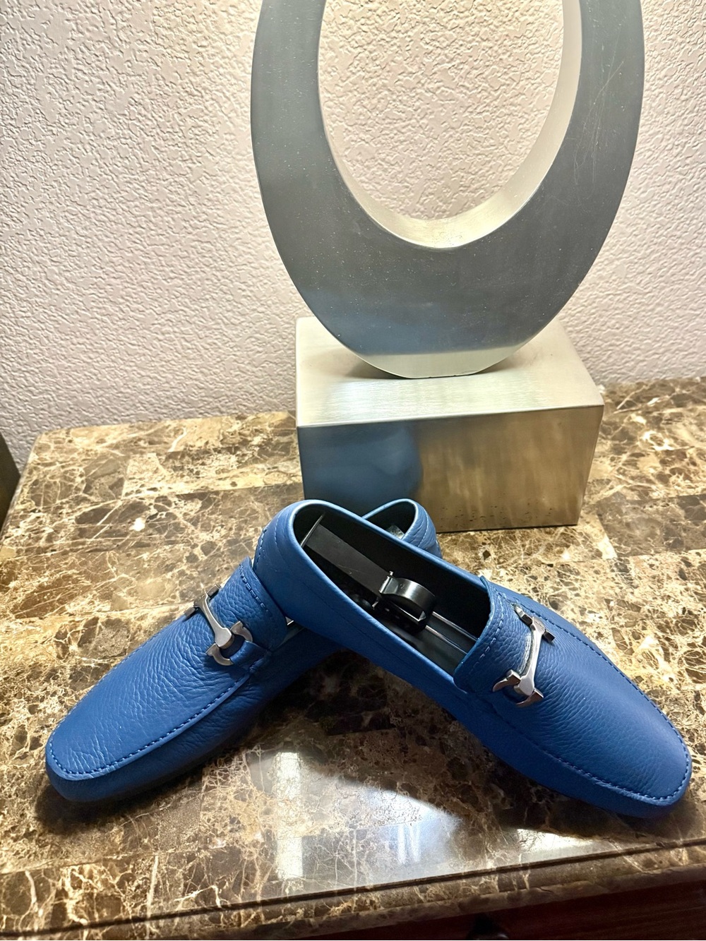 Salvatore Ferragamo Dark Blue Pebbled Leather Bit Slip-Ons